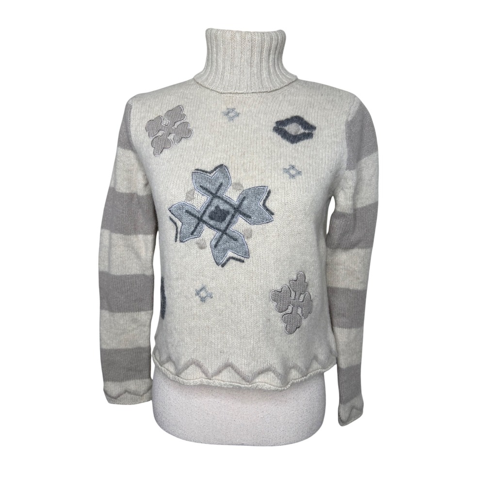 Vintage Eddie Bauer Sweater Cream Lambswool Appliqué Snowflakes Sz S Cottagecore